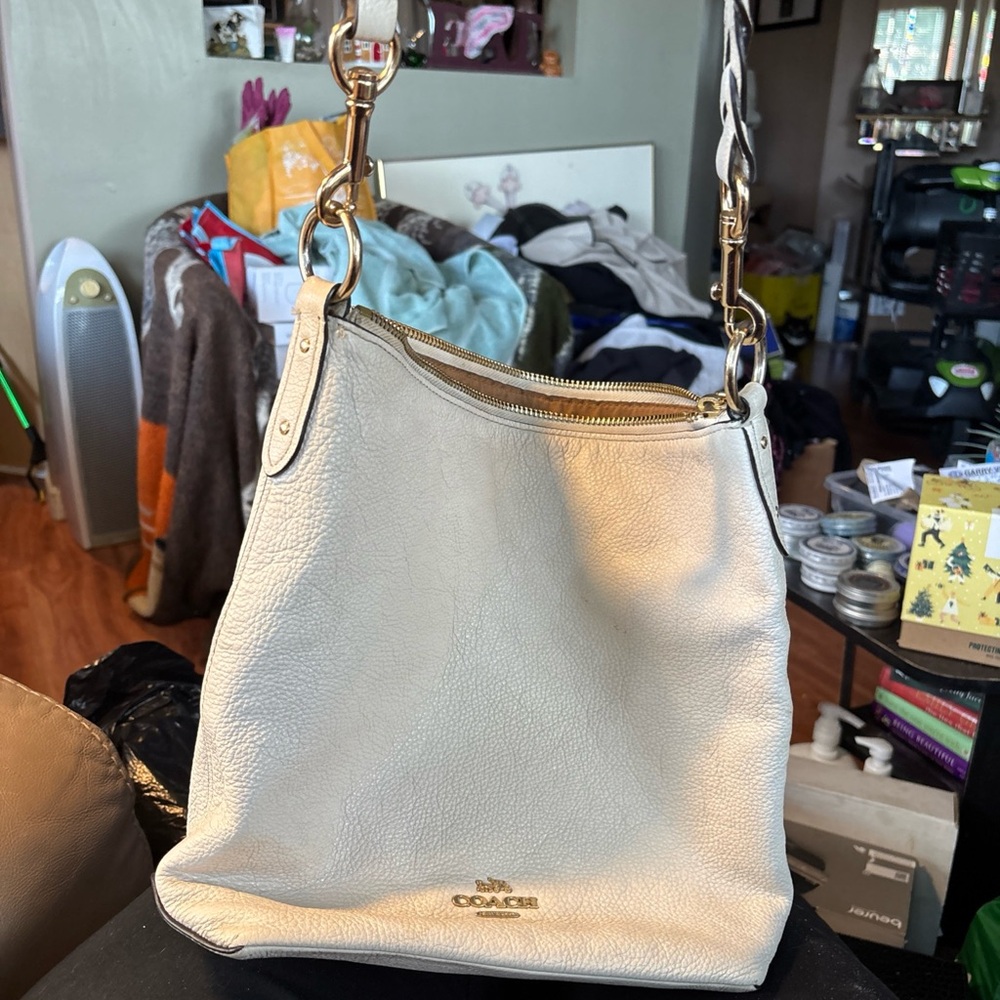 Coach Cream Hobo Bag with Textured Ivory Leather.Slight wear on a corner. 12"x13